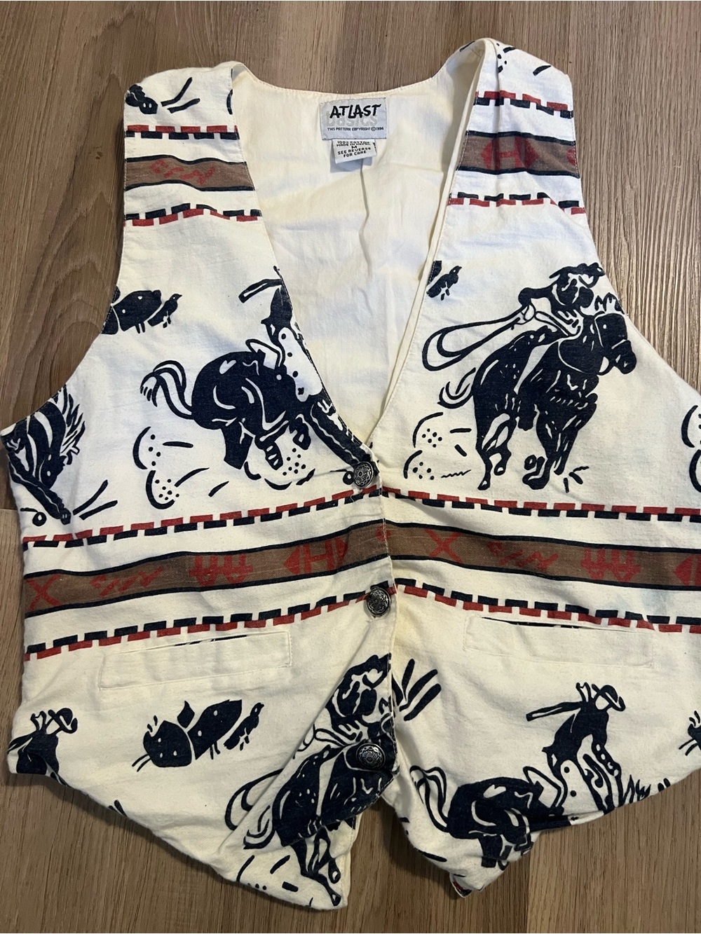Vintage At Last Cream Vest with Navy Rodeo Print and Brown Stripes RARE! Sz med